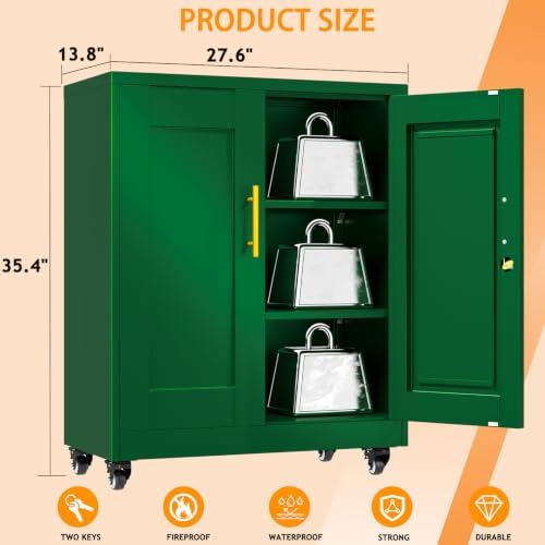 Small Metal Storage Cabinet with Wheels, Lockable Tool Cabinet with Doors
