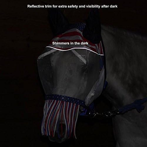 Derby Originals Horse Fly Mask with Ears and Nose Fringe, UV Blocking Fine Mesh, USA Stars and Stripes Design, 1 Year Limited Warranty