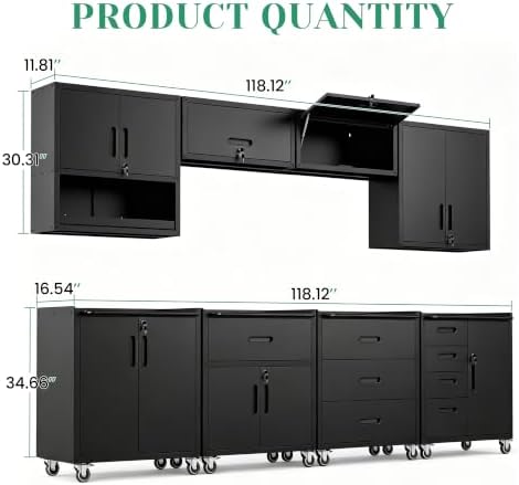 8-Piece Heavy Duty Steel Garage Cabinet System | All-in-One Modular Garage Cabinet Set for Ultimate Workshop Organization | Easy Assembly Garage Storage Cabinets & Tool Bench (Black)