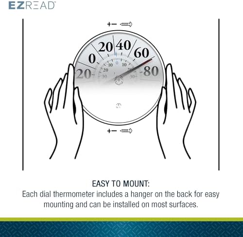 EZREAD Hanging Dial Thermometer 840-1210 Weather Thermometers for Indoor and Outdoor Use, Large 12.5 Inch Diameter, Easy to Read Numbers, Basic White