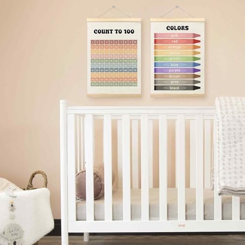 TLESKE 1-100 Numbers Hundreds Colors Chart Poster Hanger Frame for Toddler Kid Classroom Set of 2, Homeschool Hanging Wall Art Decor for Nursery Playroom, Preschool Learning Educational Poster, 12x16