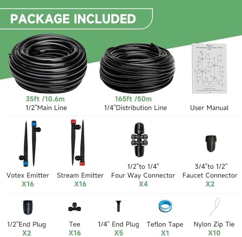 Riboud Quick-Connect 200FT Drip Irrigation System Kit, Automatic Garden Plant Watering System for Greenhouse, Yard, Lawn, with 1/2 inch 1/4 inch Irrigation Tubing Hose and Accessories