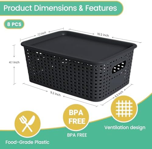 Ohmlove 8 Pack Plastic Storage Baskets with Lids for Organization