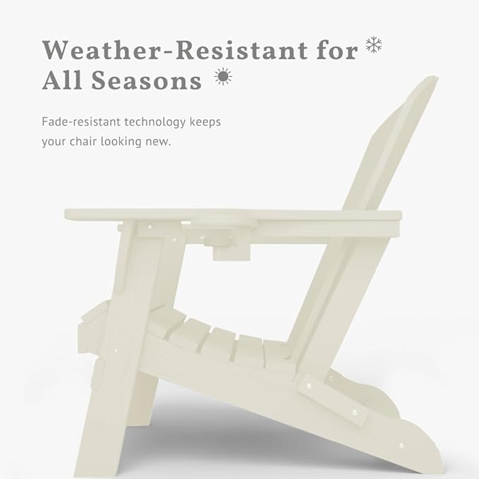 Folding Adirondack Chairs with Cup Holders, Set of 6 HDPE Plastic Outdoor Chairs, Weather Resistant, Real Wood Look, Heavy-Duty Patio Furniture for Deck, Fire Pit, Backyard, White