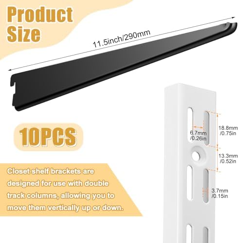 Yalikop 10 Pack Adjustable Shelf Brackets for Double Track System Closet Organization Heavy Duty Wire Shelf Brackets (Black,11.5 Inch)