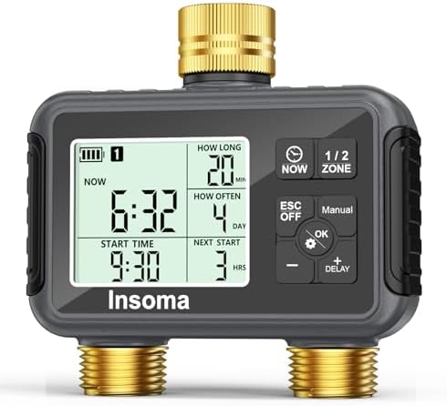 Insoma Water Timer with Brass Inlet & Outlet, 2 Independent Zones Outdoor Hose Timer for Garden Faucet with Auto/Manual/Rain Delay Mode, Sprinkler Irrigation Controller for Yard Lawn