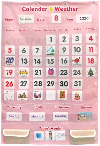 Interactive Calendar for Kids - Learning Calendar Wall Chart with Daily Weather, Seasons for Toddlers Preschool - Homeschool Classroom Must Haves Supplies for Circle Time Morning Board (Pink)