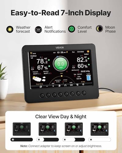 VEVOR 7-in-1 Wi-Fi Weather Station, 7-Inch TFT Display, Wireless Solar Powered Outdoor Sensor, Rain Gauge, Indoor Outdoor for Weather Forecast, Wind Speed Direction, Temperature, Humidity, Rainfall