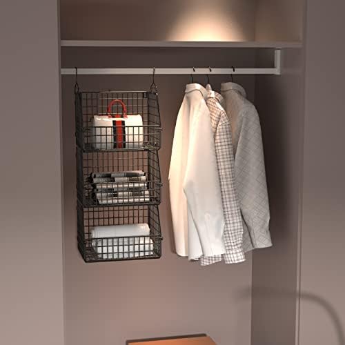 PUPPYCUTE Stackable Wire Storage Baskets for Kitchen Closet Pantry, Hanging Closet Organizers Storage Shelves Organization, Wall Mount Metal Basket Bins, Clothing Vegetable & Fruit Organizer 3 pcs