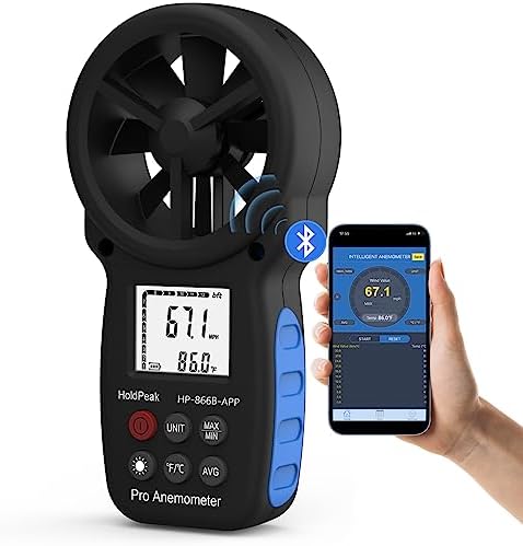 HoldPeak Handheld Anemometer Bluetooth, Digital Wind Speed Gauge Meter, Air Flow Velocity Temperature CFM Measuring Device for HVAC Outdoor Sailing Shooting Golf, 866B-APP
