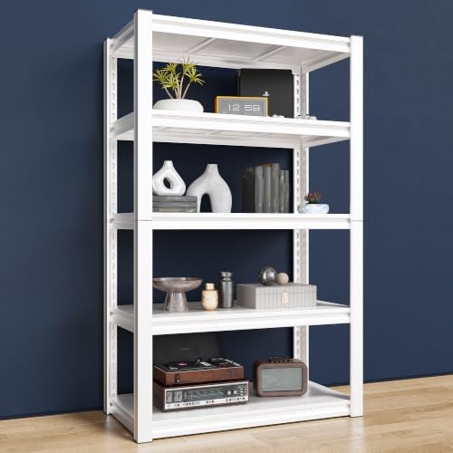 Raybee Storage Shelves, 2000LBS Garage Shelving,White Metal Shelves, 5 Tier Adjustable Heavy Duty Shelving for Pantry Kitchen Closet Basement Warehouse 16.5" D x 32" W x 63" H