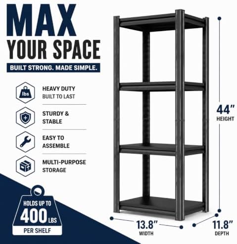 Garage Shelving 4-Tier Heavy Duty Metal Unit 2000 LBS Adjustable Boltless Storage Rack, Organizer for Garage Warehouse Kitchen Basement Workshop Household Supplies, 44"H x 13.8"W x 11.8"D, Black