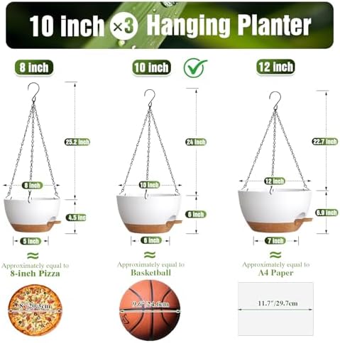 10 Inch Self-Watering Hanging Planters Set of 3 with Saucers