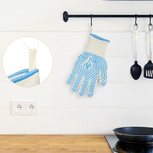 QUWIN BBQ Gloves, Oven Gloves 1472℉ Extreme Heat Resistant, Grilling Gloves Silicone Non-Slip Oven Mitts, Kitchen Gloves for BBQ, Grilling, Cooking, Baking-1 Pair… (Blue, One Size Fits Most)