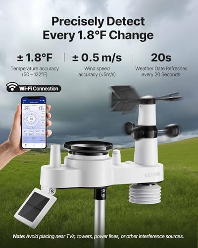 VEVOR 7-in-1 Wi-Fi Weather Station, 7-Inch TFT Display, Wireless Solar Powered Outdoor Sensor, Rain Gauge, Indoor Outdoor for Weather Forecast, Wind Speed Direction, Temperature, Humidity, Rainfall