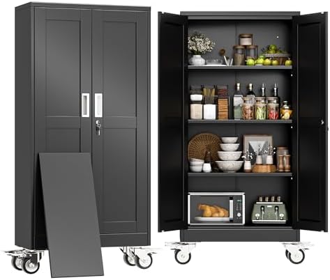 61" H Metal Pantry Storage Locker Cabinet with Wheels,Rolling Kitchen Pantry Cabinet with 2 Doors and 3 Adjustable Shelves, Lockable Steel Garage Tool Cabinet Organization for Home,Gym,School,Black