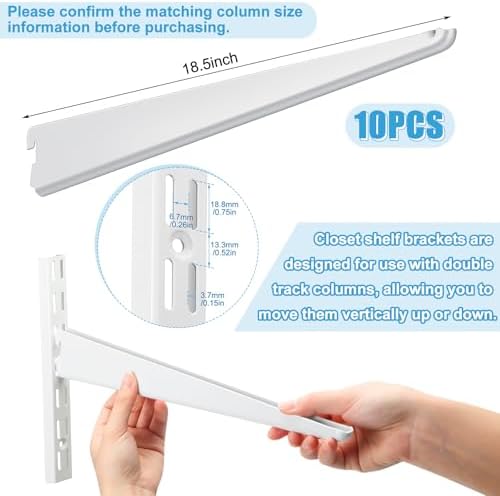 Yalikop 10 Pack Adjustable Shelf Brackets for Double Track System Closet Organization Heavy Duty Wire Shelf Brackets (White,18.5 Inches)