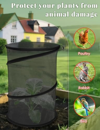 4 Pack Pop Up Plant Covers from Animals, 20" H X 13" D Insect Garden Covers, Round Foldable Mesh Plant Cover, Plant Protectors for Outdoor Plants, with Stakes and Labels (Black)