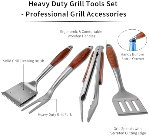 FJNATINH Heavy-Duty Grilling Accessories Rose Wooden BBQ Grilling Tools Set,Outdoor Grill Set with Spatula, Fork, Brush & Tongs,Essential Accessories for Barbecue & Grill. Ideal Gift for Men