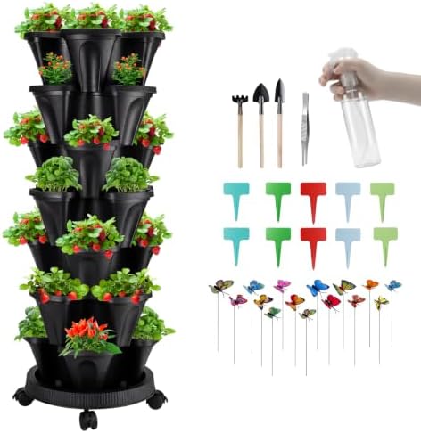 GameXcel Vertical Planter Tower - 7 Tier Stackable Garden Planters with Wheels and Garden Tool Set Plant Pots for Strawberry Herb Flower and Vegetable Indoor Outdoor Use Black