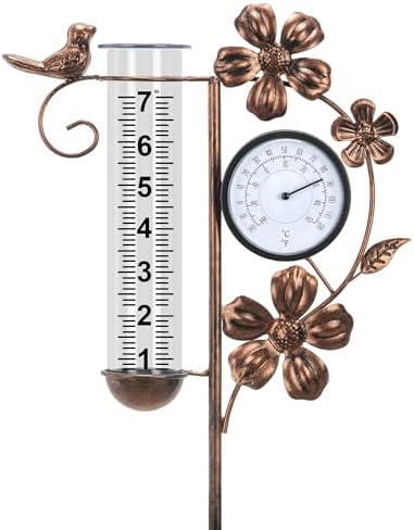 shumi Rain Gauge Outdoor with Thermometer, Decorative Bird Rain Gauge