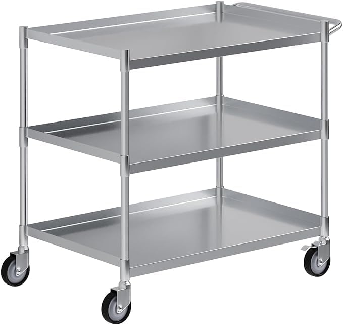 3 Shelf Stainless Steel Tubular Utility Cart | Metal Utility Cart on Wheels with Handle | NSF Certified | (21" Wide X 33" Long X 33" High)