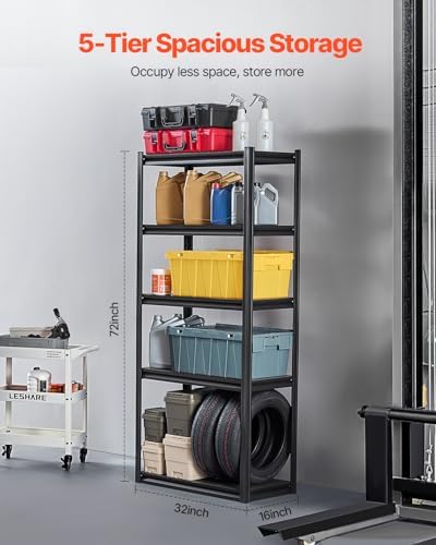 VEVOR Storage Shelves, 2000 lbs, 5 Tier Garage Storage Shelving, 16" D x 32" W x 72" H Adjustable Metal Shelves for Garage Shelves Utility Rack Shelf, Ideal for Kitchen, Warehouse, Basement, Black