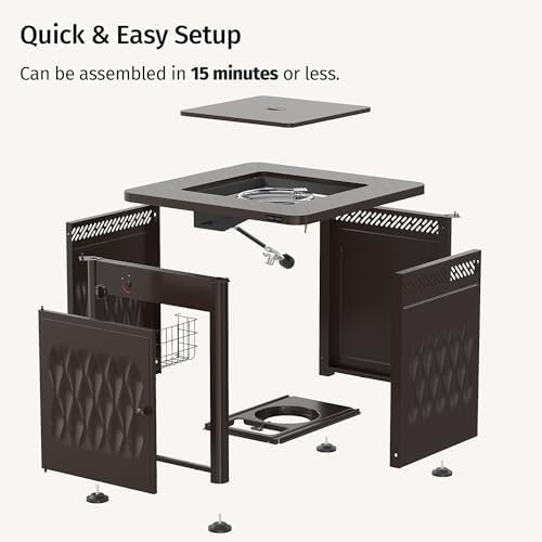 28" Outdoor Propane Fire Pit Table | 50,000 BTU Gas Fire Pit Table for Outside with Magnetic Lid | Storage Basket & Lava Rocks | CSA Certified for Patio, Garden & Backyard | Black