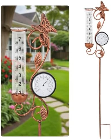 Butterfly Rain Gauge Garden Decor, 32" Thermometer Patio Decor, 7" Capacity Rain Gauge Replacement Tube Glass, Outdoor Temperature Patio Decor