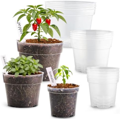 RooTrimmer 15 Pack 8/6/4 Inch Clear Nursery Pots with Drainage Hole, Transparent Plastic Plant pots, Sturdy Planting Starter Pots for Seedlings Herbs Flowers Vegetable (Clear-15P)