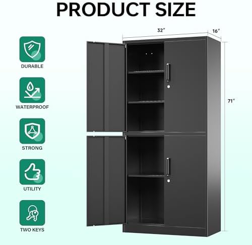 Letaya Metal Storage Cabinet with Lock Door, Adjustable Shelf Steel Cabinets for Office, Home,Pantry,Kitchen,Garage Utility Cabinet (4 Door-Black)
