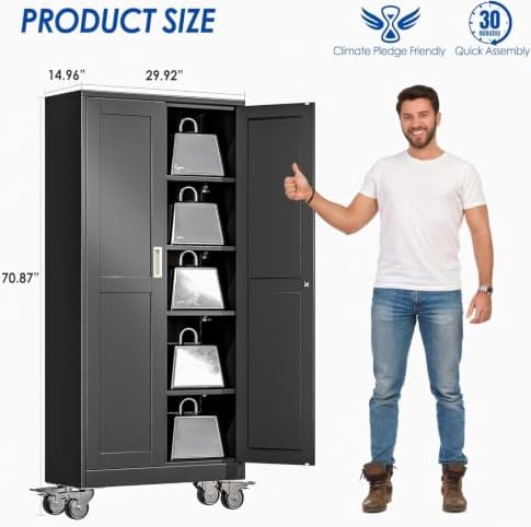 GAIOUS Metal Garage Storage Cabinet with Lock, Steel Tool Cabinet with 2 Door and 4 Adjustable Shelves, 71” Tall Lockable File Cabinet with Wheels, Rolling Cabinet for Home Office Garage Gym - Black