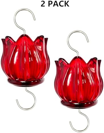 Real Glass Ant Moat for Hummingbird Feeders & Oriole Feeders Glass Tulip Shape Insect Guard with Large Capacity Flower Design Nectar Feeder Accessory Hooks (Red, 2 Pack)