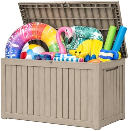 270 Gallon Lockable Resin Outdoor Storage Box, Waterproof & Weather Resistant Deck Box for Patio Cushion, Garden Tools & Pool Accessories, Gray New