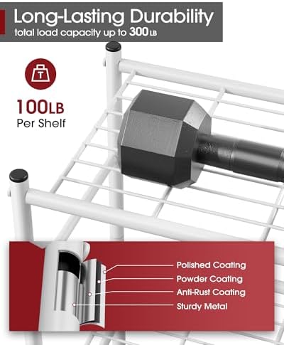 Sakugi Storage Shelves - 3 Tier Shelf Organizer, Sturdy Metal Garage Shelving with Adjustable Leveling Feet, Space-Saving Shelves Organizer for Pantry, Laundry, Kitchen (18" x 12" x 30", White)