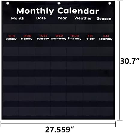 Calendar and Weather Pocket Chart Classroom,Monthly & Weather Pocket Chart,Monthly Calendar Pocket Chart with Cards for Classroom Supplies (Black)
