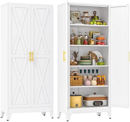 71" Metal Kitchen Pantry Storage Cabinet with 2 Doors and 4 Adjustable Shelves,White Farmhouse Pantry Cabinet,Steel Garage Tool Cabinet Freestanding Cupboard for Kitchen,Dinning Living Room