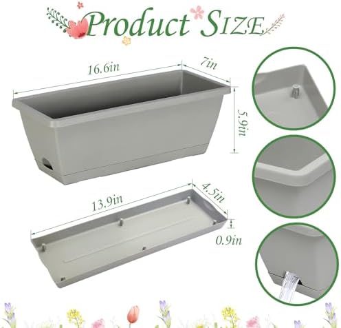12Pcs 17Inches Rectangle Planter Box with Drainage Holes and Trays