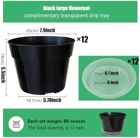 RooTrimmer 12 Pack Plant Pots, 8 Inch Plant Planter with Clear Saucer, Plastic Pots for Plants Indoor and Out Door Such as Strawberry, Herb and Flowers (Black)