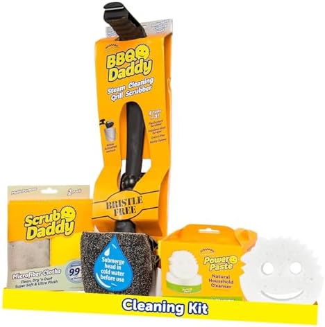 Scrub Daddy Household Cleaning + BBQ Bundle - BBQ Daddy Bristle Free Grill Brush - 2 Microfiber Cleaning Towels - All Purpose Cleaner PowerPaste Cleaning Paste + Scrub Mommy Sponge
