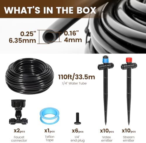 110FT Quick-Connect Drip Irrigation Kit, Garden Watering System DIY Automatic Irrigation Equipment Set for Lawn Raised Bed Greenhouse Plant Watering with 1/4'' Tubing, Drip Emitters, Connectors