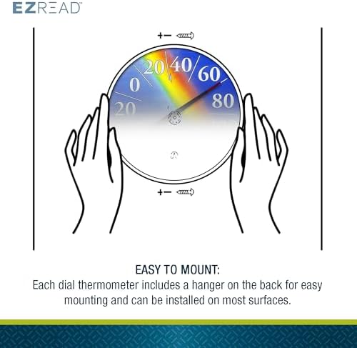 EZREAD Hanging Dial Thermometer 840-1220 Weather Thermometers for Indoor and Outdoor Use, Large 12.5 Inch Diameter, Easy to Read Numbers, Rainbow, Blue/Red/Yellow