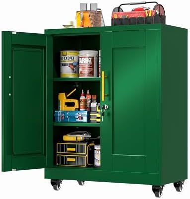 GAIOUS Metal Storage Cabinet with Lock and Wheels, Steel Office Cabinet with 2 Door and 2 Adjustable Shelves, 35” Tall Lockable File Cabinet, Garage Cabinet, Rolling Cabinet for Home Office - Green
