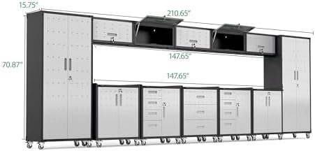 12-Piece Heavy Duty Steel Garage Cabinet System | All-in-One Modular Garage Cabinet Set for Ultimate Workshop Organization | Easy Assembly Garage Storage Cabinets & Tool Bench