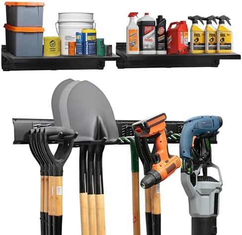 TIDYME Garage Tool Organizer Wall Mount 64", 2 Shelves & 4 Single Hooks