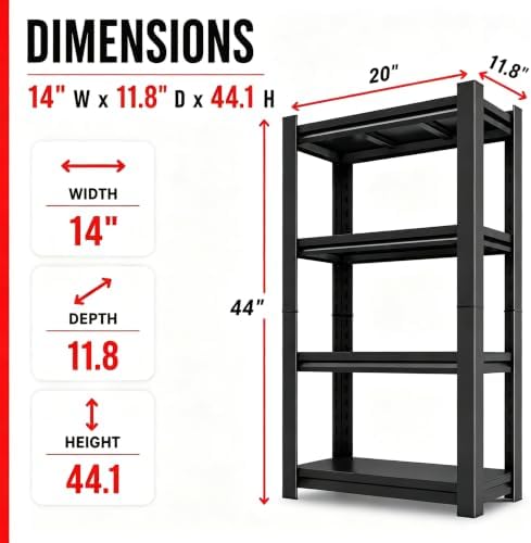 Garage Shelving, 2400 LBS Heavy Duty Metal Storage Shelves, 4-Tier Adjustable Storage Rack for Garage, Warehouse, Basement, 14" Wx 11.8" Dx 44.1" H