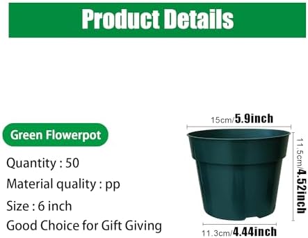 RooTrimmer 50 Pack 6 Inch Nursery Pots, Planting Grow Plastic Flower Pots, Thick Planters with Drainage Holes for Outdoor/Indoor Plants Succulent Herb (Green)