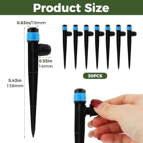 30 PCS Drip Irrigation Emitters with Stakes, 1/4 in Push-to-Connect Drippers, Adjustable 360° Water Output for Garden and Plant Watering(Color:Bule)
