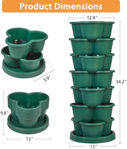 VECELO 7 Tier Vertical Garden Planter, Self Watering Stackable Planters with Wheels for Strawberries, Herbs, Flowers, Vegetables, Dark Green