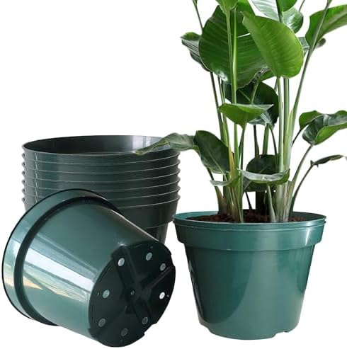 10 Pack Green Plastic Planter Pots, 10 Inch Thick with Multiple Drainage Holes, for Herbs, Strawberries, Flowers - Indoor/Outdoor
